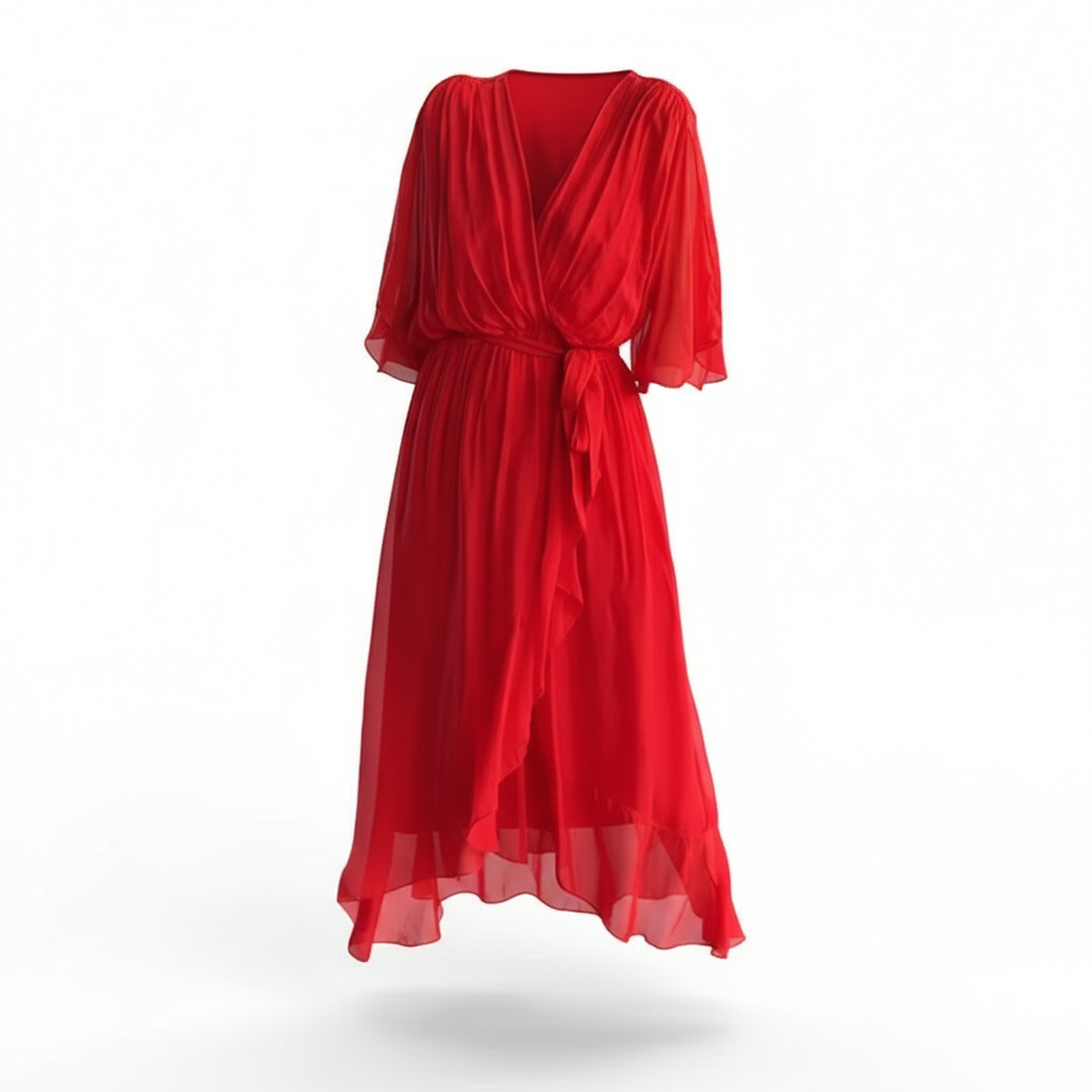 Batwing Sleeve V-neck Dress Summer Pure Color Tied Irregular Long Dresses Womens Clothing