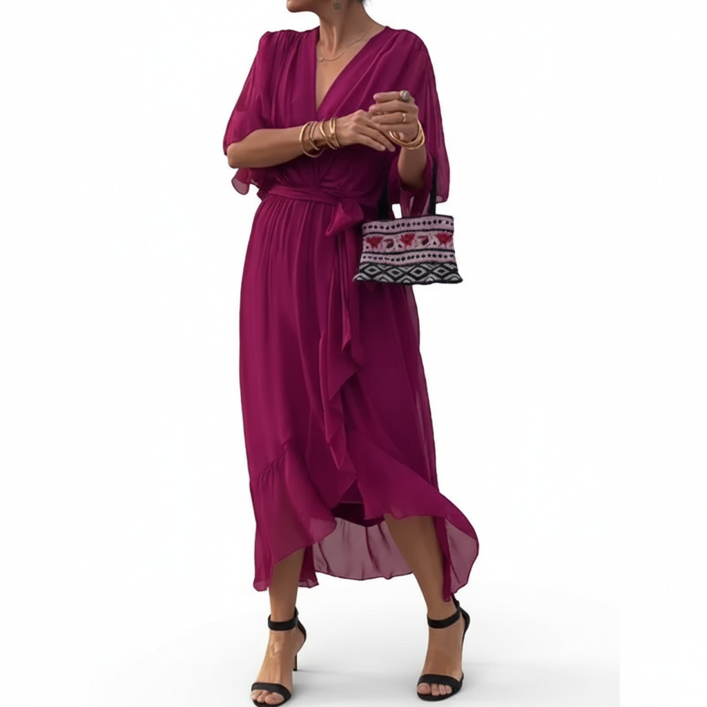 Batwing Sleeve V-neck Dress Summer Pure Color Tied Irregular Long Dresses Womens Clothing