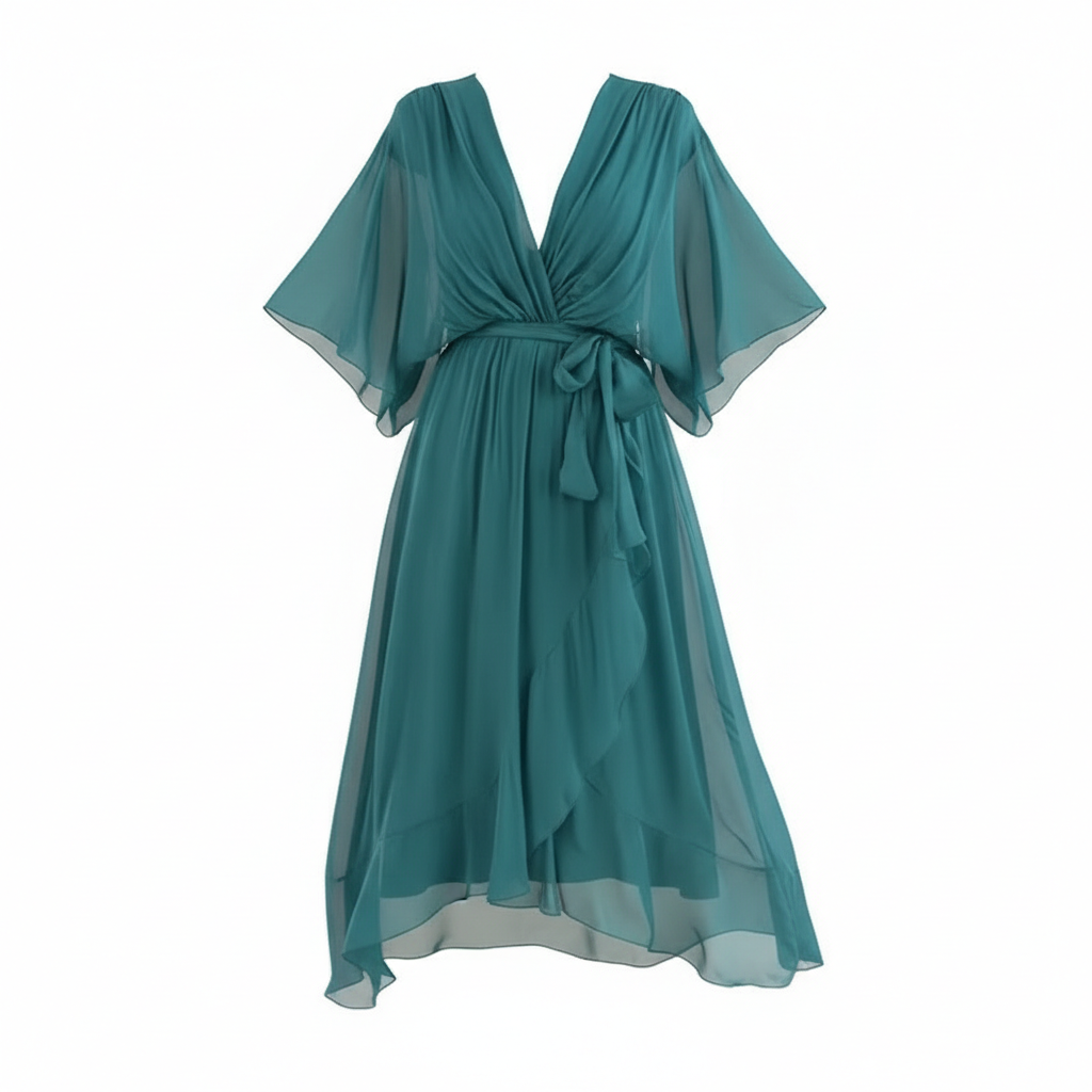 Batwing Sleeve V-neck Dress Summer Pure Color Tied Irregular Long Dresses Womens Clothing
