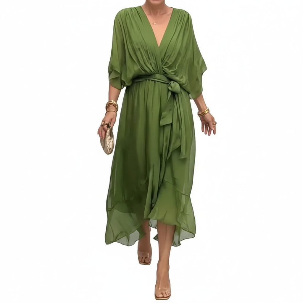 Batwing Sleeve V-neck Dress Summer Pure Color Tied Irregular Long Dresses Womens Clothing