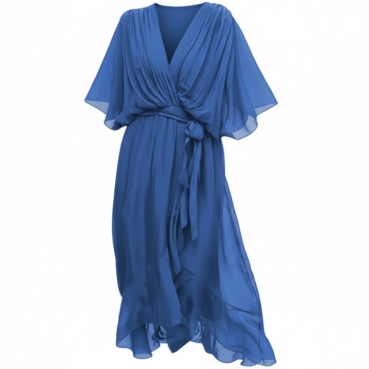 Batwing Sleeve V-neck Dress Summer Pure Color Tied Irregular Long Dresses Womens Clothing