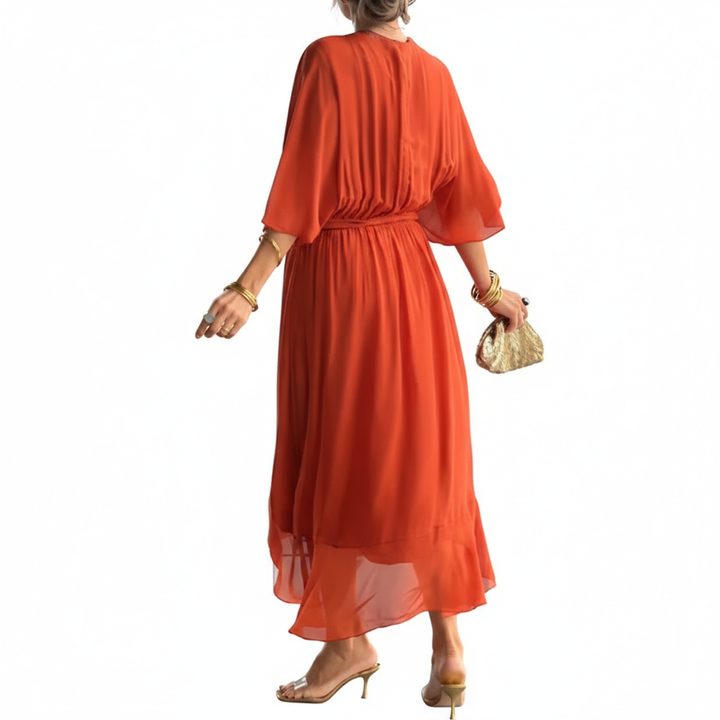 Batwing Sleeve V-neck Dress Summer Pure Color Tied Irregular Long Dresses Womens Clothing