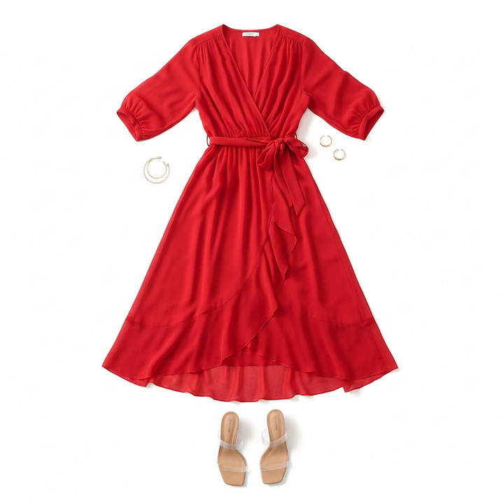 Batwing Sleeve V-neck Dress Summer Pure Color Tied Irregular Long Dresses Womens Clothing