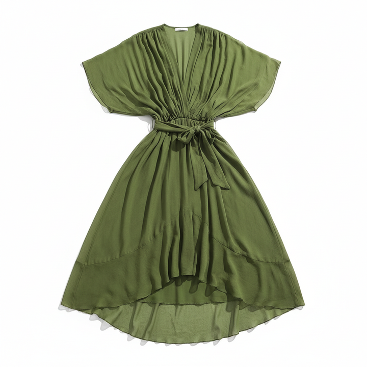 Batwing Sleeve V-neck Dress Summer Pure Color Tied Irregular Long Dresses Womens Clothing