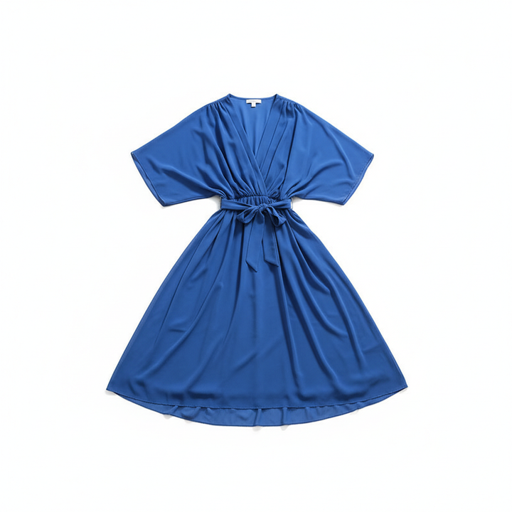 Batwing Sleeve V-neck Dress Summer Pure Color Tied Irregular Long Dresses Womens Clothing