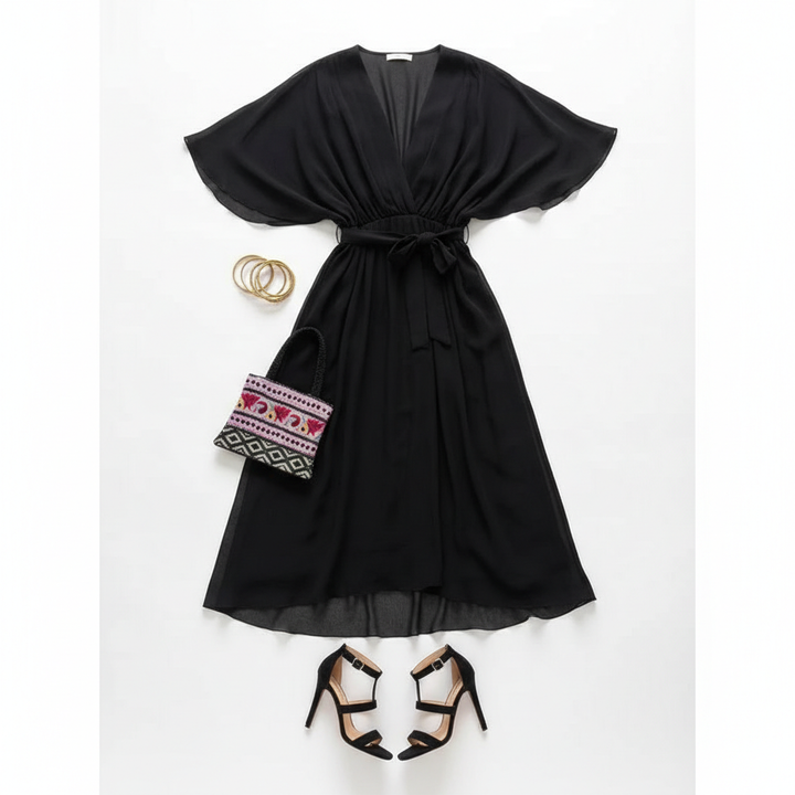 Batwing Sleeve V-neck Dress Summer Pure Color Tied Irregular Long Dresses Womens Clothing