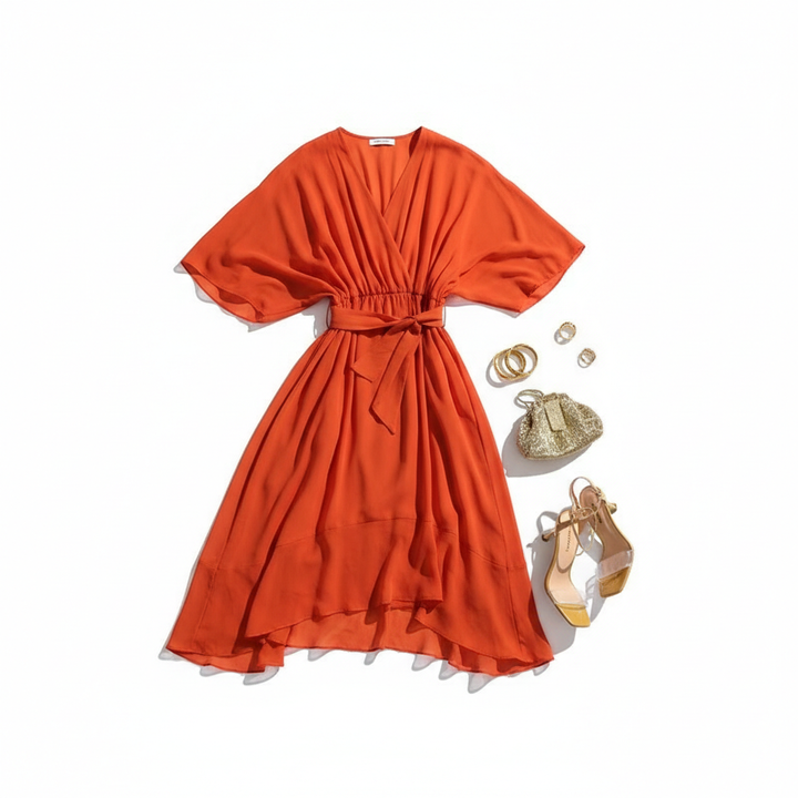 Batwing Sleeve V-neck Dress Summer Pure Color Tied Irregular Long Dresses Womens Clothing