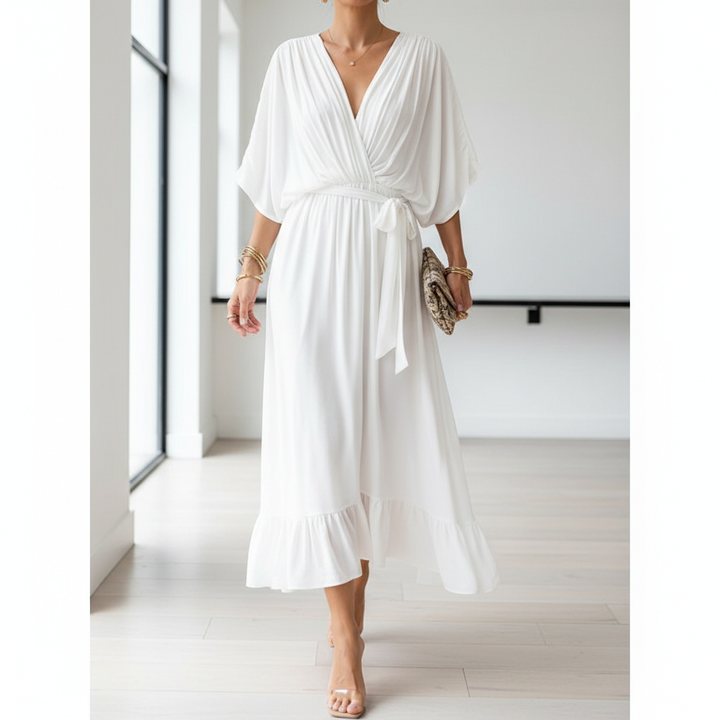 Batwing Sleeve V-neck Dress Summer Pure Color Tied Irregular Long Dresses Womens Clothing
