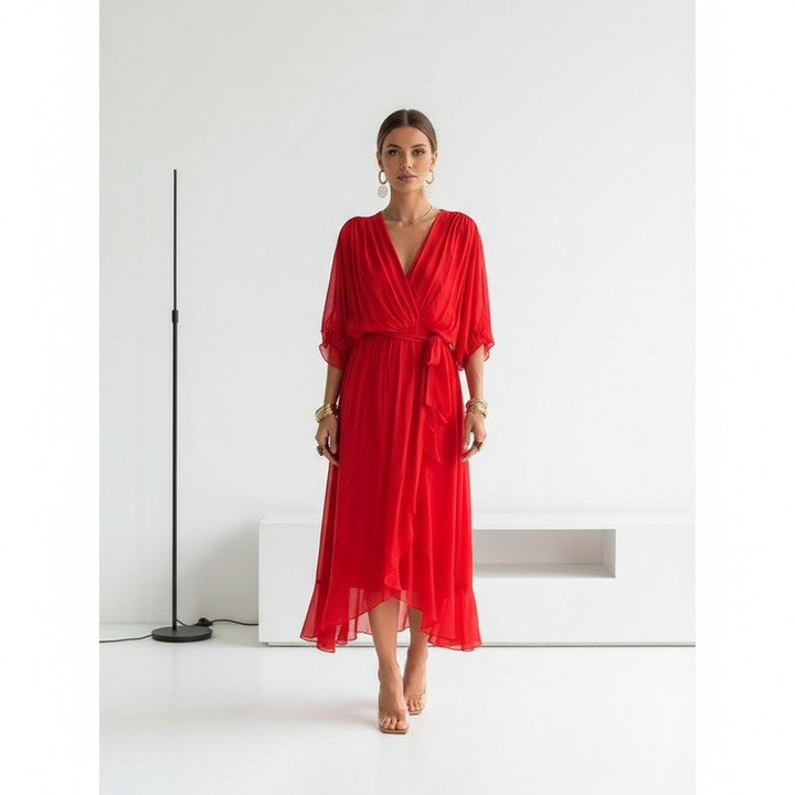 Batwing Sleeve V-neck Dress Summer Pure Color Tied Irregular Long Dresses Womens Clothing