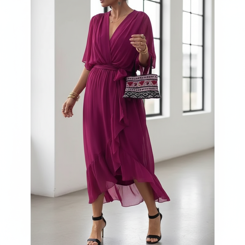 Batwing Sleeve V-neck Dress Summer Pure Color Tied Irregular Long Dresses Womens Clothing