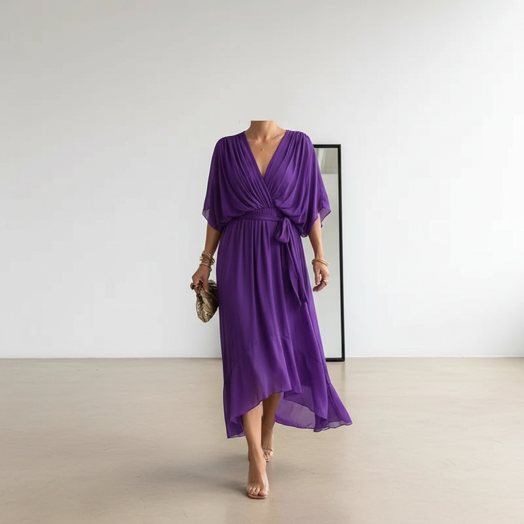Batwing Sleeve V-neck Dress Summer Pure Color Tied Irregular Long Dresses Womens Clothing