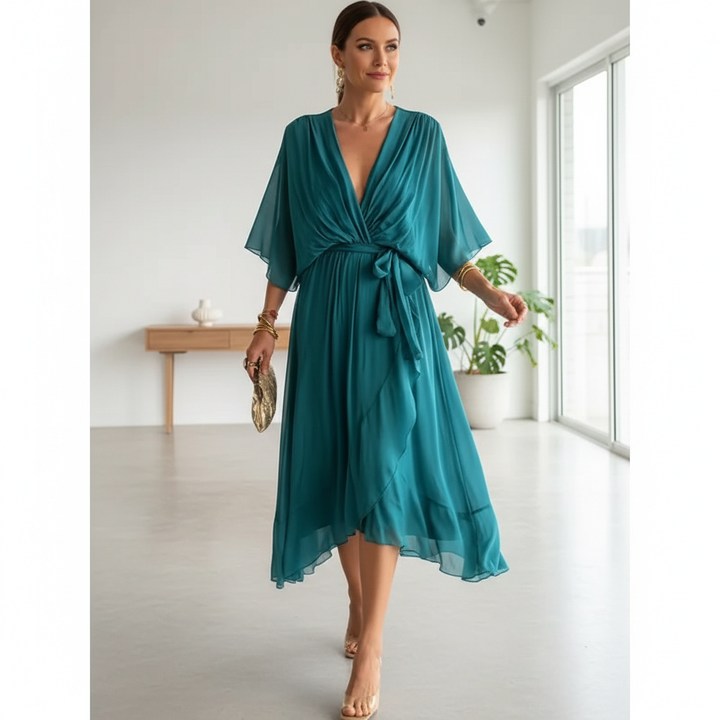 Batwing Sleeve V-neck Dress Summer Pure Color Tied Irregular Long Dresses Womens Clothing