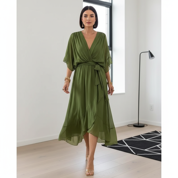 Batwing Sleeve V-neck Dress Summer Pure Color Tied Irregular Long Dresses Womens Clothing