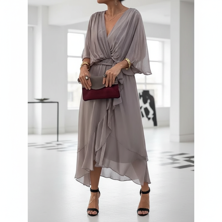 Batwing Sleeve V-neck Dress Summer Pure Color Tied Irregular Long Dresses Womens Clothing