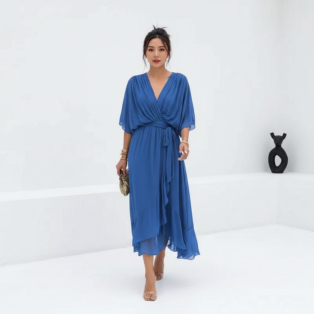 Batwing Sleeve V-neck Dress Summer Pure Color Tied Irregular Long Dresses Womens Clothing