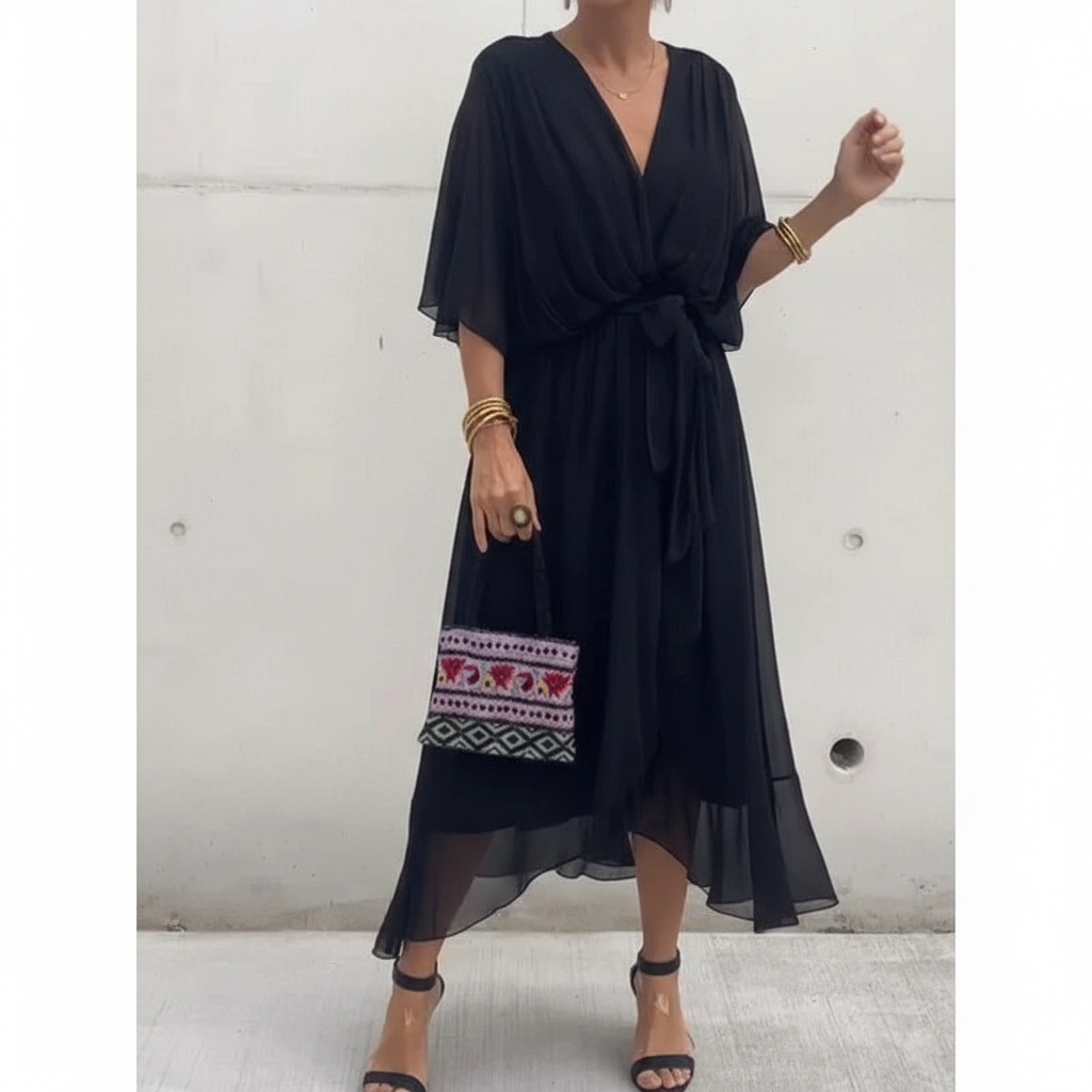Batwing Sleeve V-neck Dress Summer Pure Color Tied Irregular Long Dresses Womens Clothing