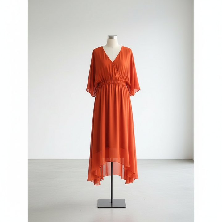 Batwing Sleeve V-neck Dress Summer Pure Color Tied Irregular Long Dresses Womens Clothing