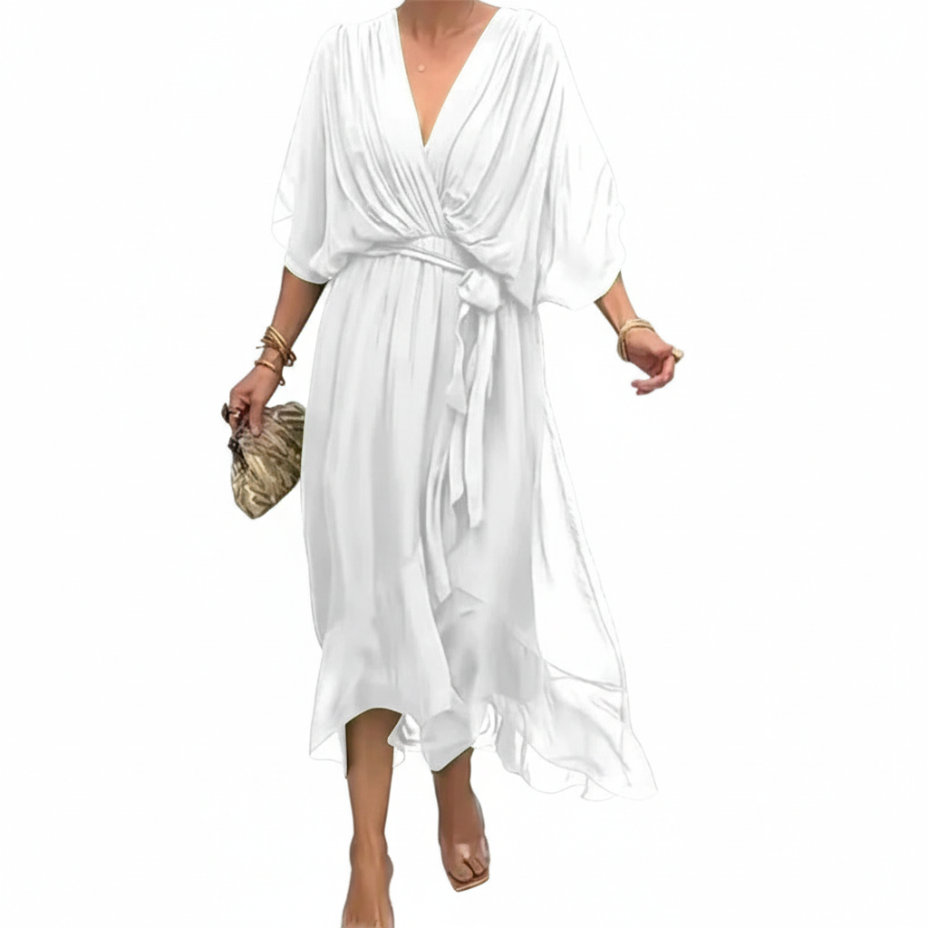 Batwing Sleeve V-neck Dress Summer Pure Color Tied Irregular Long Dresses Womens Clothing