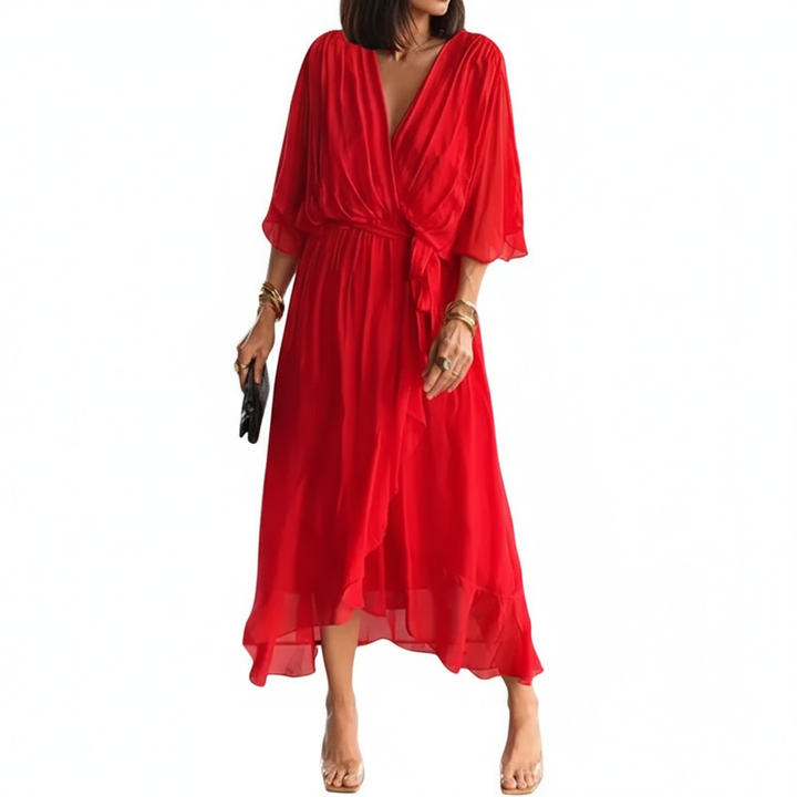 Batwing Sleeve V-neck Dress Summer Pure Color Tied Irregular Long Dresses Womens Clothing
