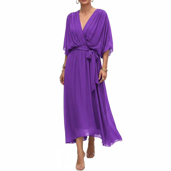 Batwing Sleeve V-neck Dress Summer Pure Color Tied Irregular Long Dresses Womens Clothing