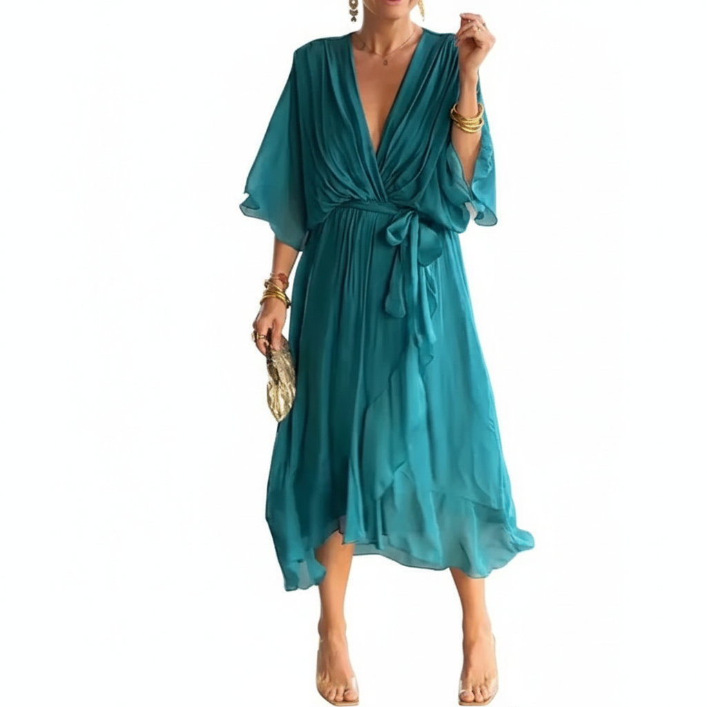 Batwing Sleeve V-neck Dress Summer Pure Color Tied Irregular Long Dresses Womens Clothing