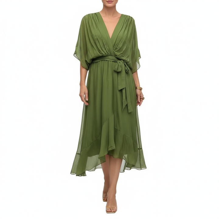 Batwing Sleeve V-neck Dress Summer Pure Color Tied Irregular Long Dresses Womens Clothing