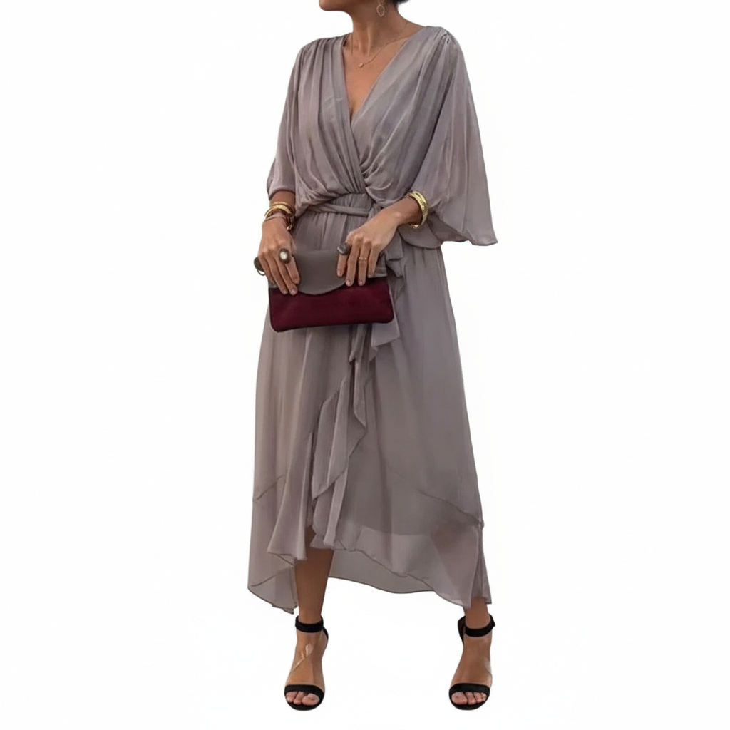 Batwing Sleeve V-neck Dress Summer Pure Color Tied Irregular Long Dresses Womens Clothing