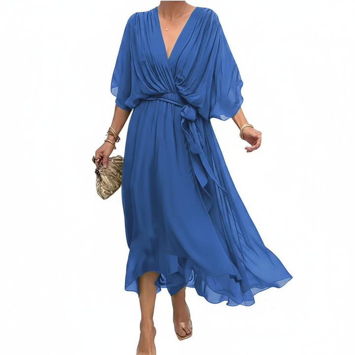 Batwing Sleeve V-neck Dress Summer Pure Color Tied Irregular Long Dresses Womens Clothing