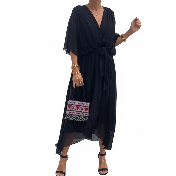 Batwing Sleeve V-neck Dress Summer Pure Color Tied Irregular Long Dresses Womens Clothing