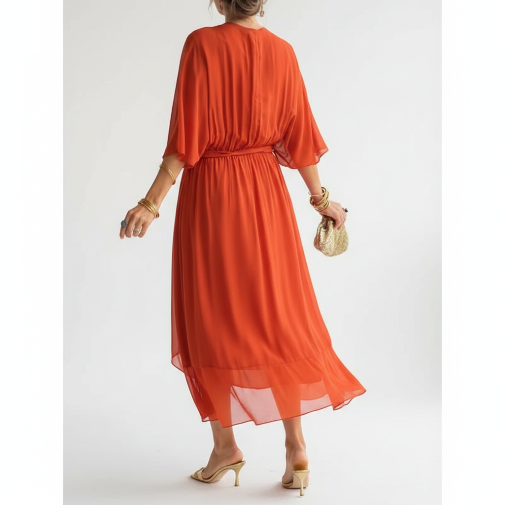 Batwing Sleeve V-neck Dress Summer Pure Color Tied Irregular Long Dresses Womens Clothing