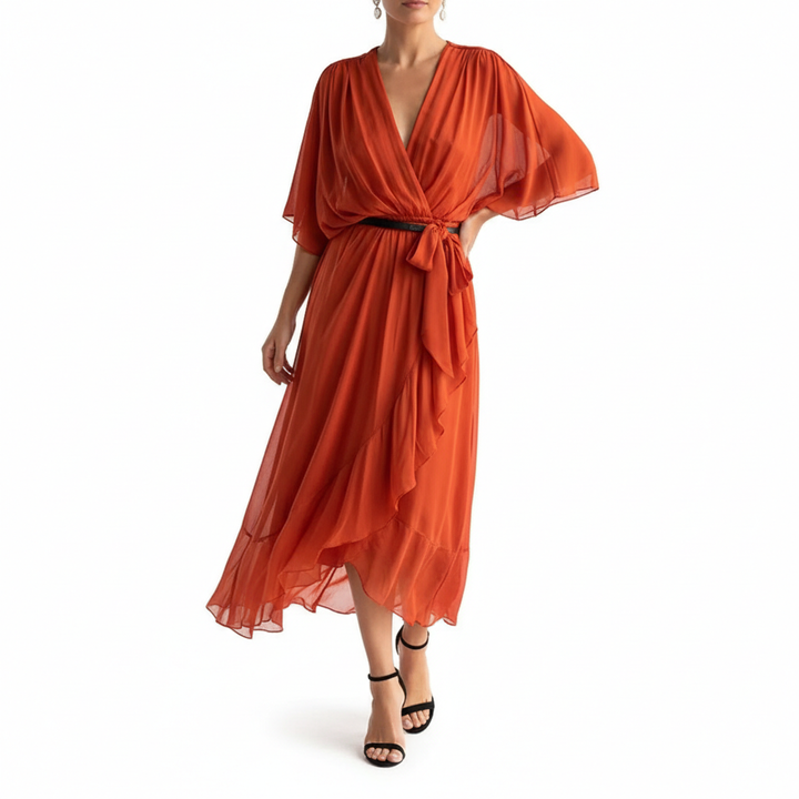 Batwing Sleeve V-neck Dress Summer Pure Color Tied Irregular Long Dresses Womens Clothing