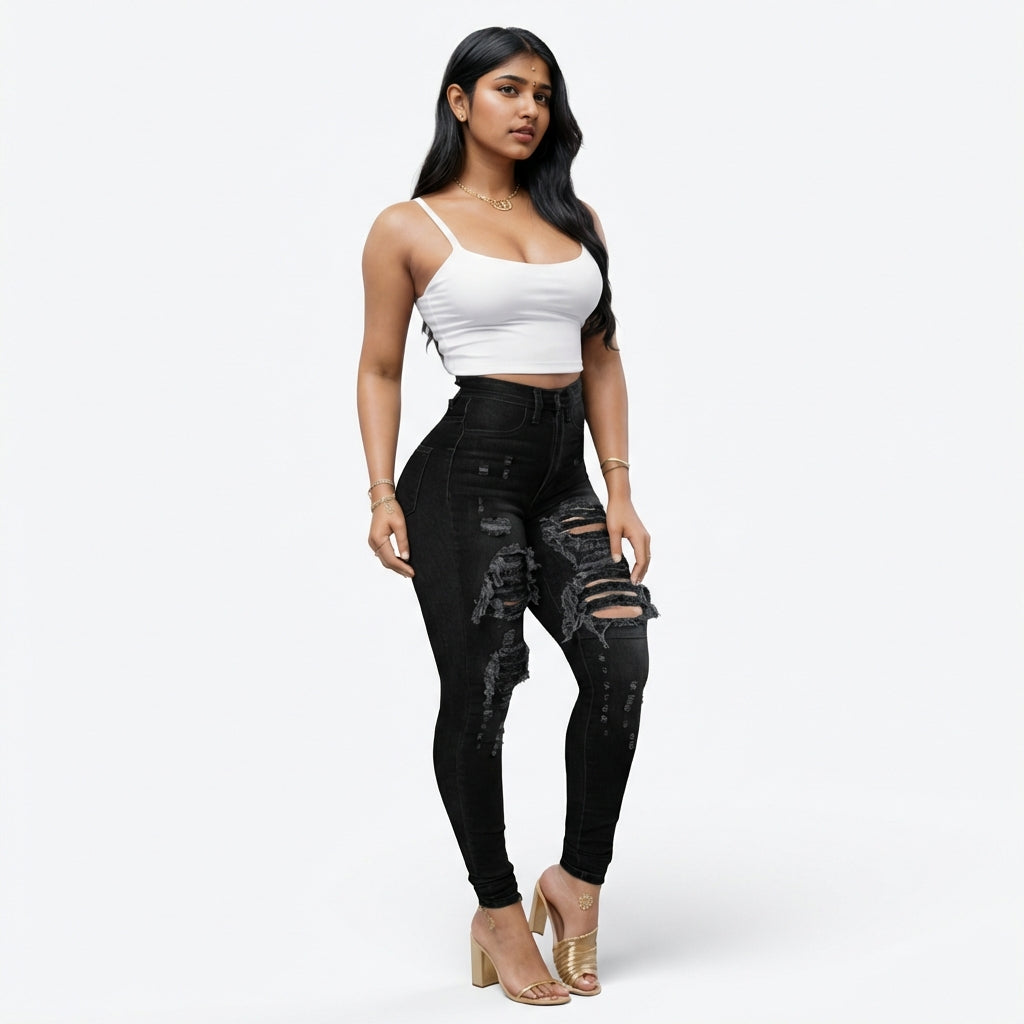 Versatile Women's High Waisted Elastic Ripped Tight Jeans, High-quality, Easy To Fit, Comfortable And Fashionable - Street Style Sexy Basic Jeans, Women's Jeans And Clothing