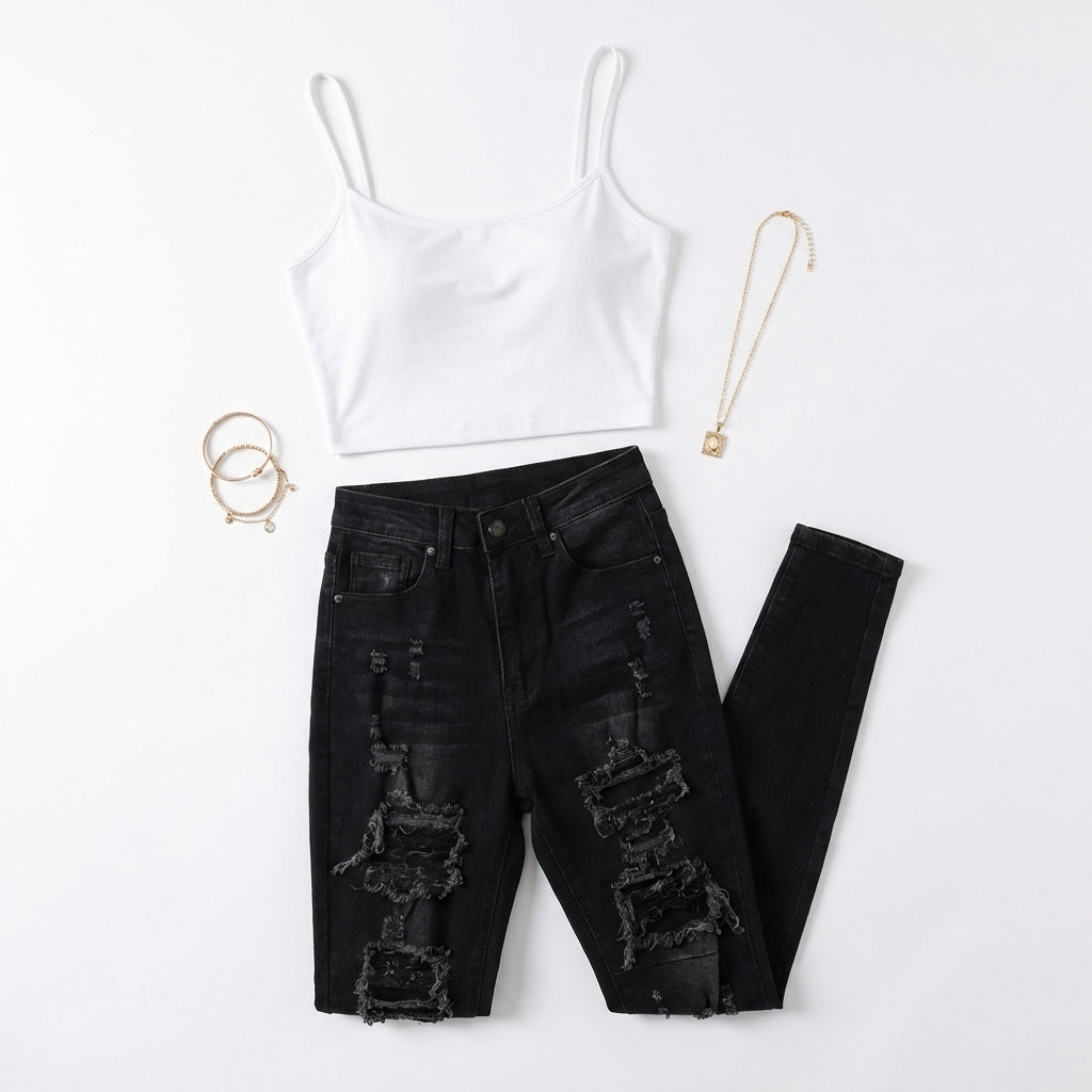 Versatile Women's High Waisted Elastic Ripped Tight Jeans, High-quality, Easy To Fit, Comfortable And Fashionable - Street Style Sexy Basic Jeans, Women's Jeans And Clothing
