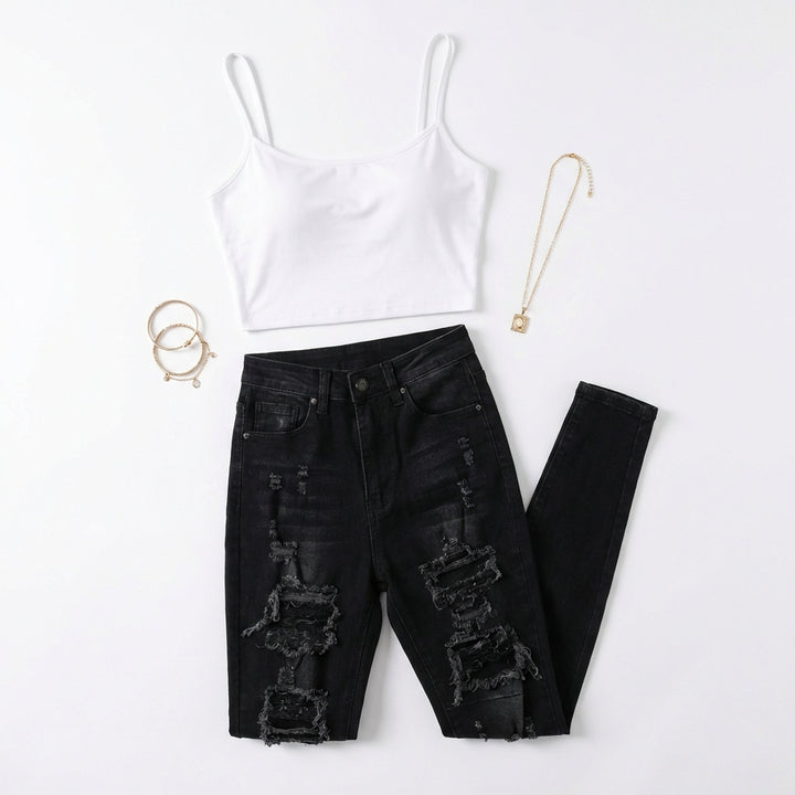 Versatile Women's High Waisted Elastic Ripped Tight Jeans, High-quality, Easy To Fit, Comfortable And Fashionable - Street Style Sexy Basic Jeans, Women's Jeans And Clothing