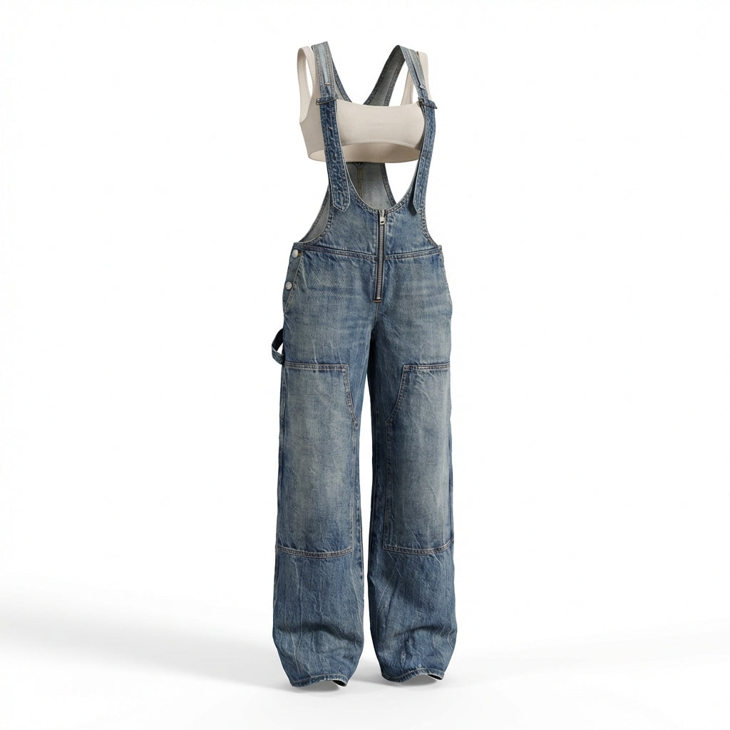 Women's Y2K Denim Overalls – Loose Fit Zipper Suspender Jumpsuit Streetwear
