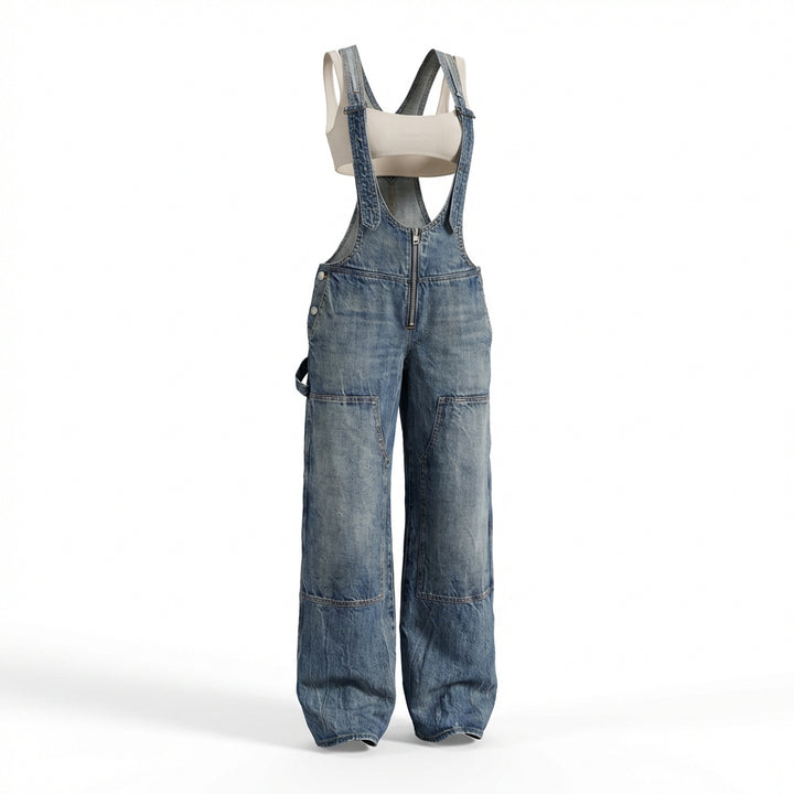 Women's Y2K Denim Overalls – Loose Fit Zipper Suspender Jumpsuit Streetwear