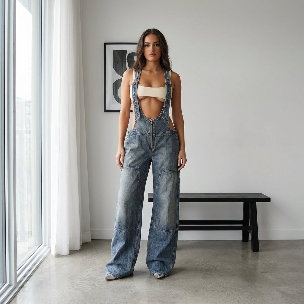 Women's Y2K Denim Overalls – Loose Fit Zipper Suspender Jumpsuit Streetwear
