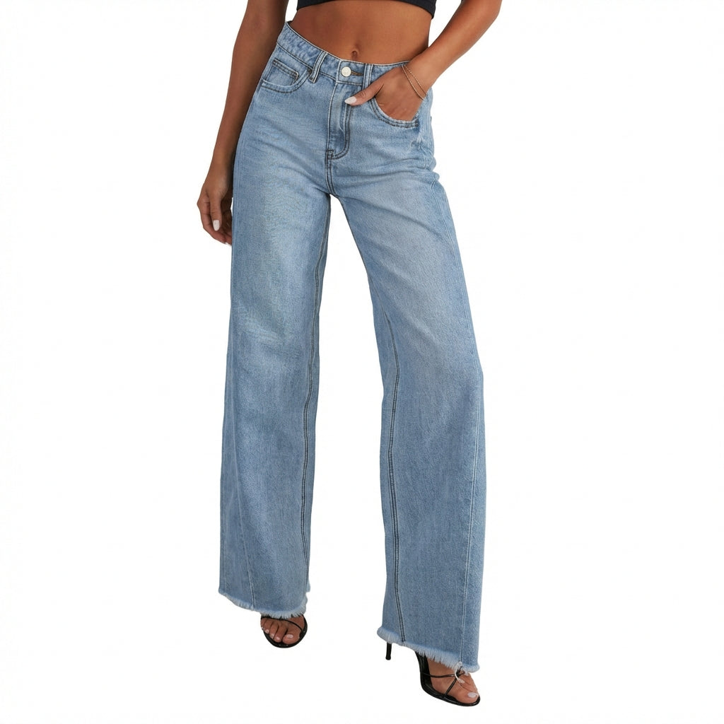 Women's High-Waisted Straight Leg Jeans – Slim Fit Denim with Pockets