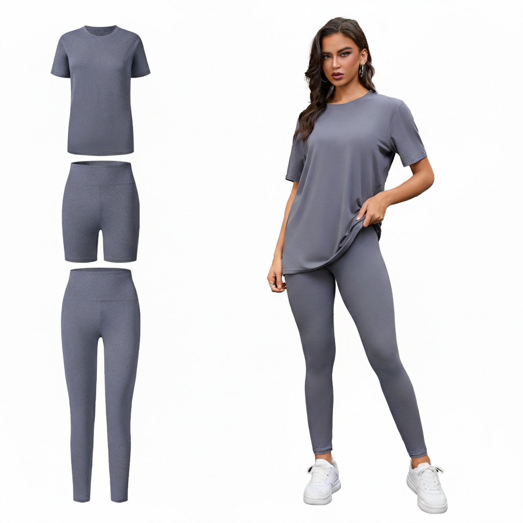 Women's 3-Piece Lounge Set – Short Sleeve Round Neck Top with Shorts & Pants