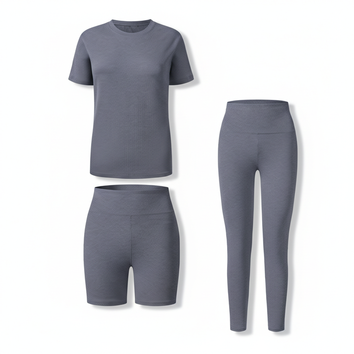 Women's 3-Piece Lounge Set – Short Sleeve Round Neck Top with Shorts & Pants