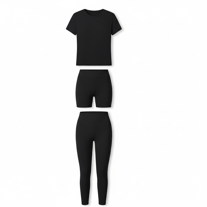 Women's 3-Piece Lounge Set – Short Sleeve Round Neck Top with Shorts & Pants