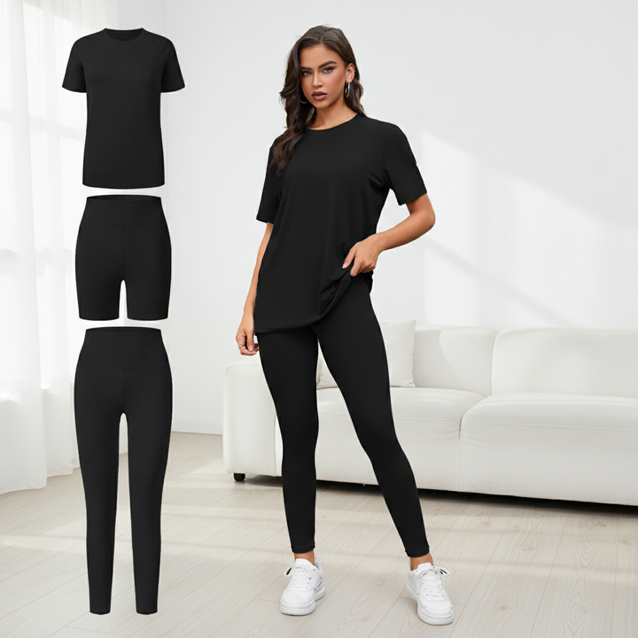 Women's 3-Piece Lounge Set – Short Sleeve Round Neck Top with Shorts & Pants