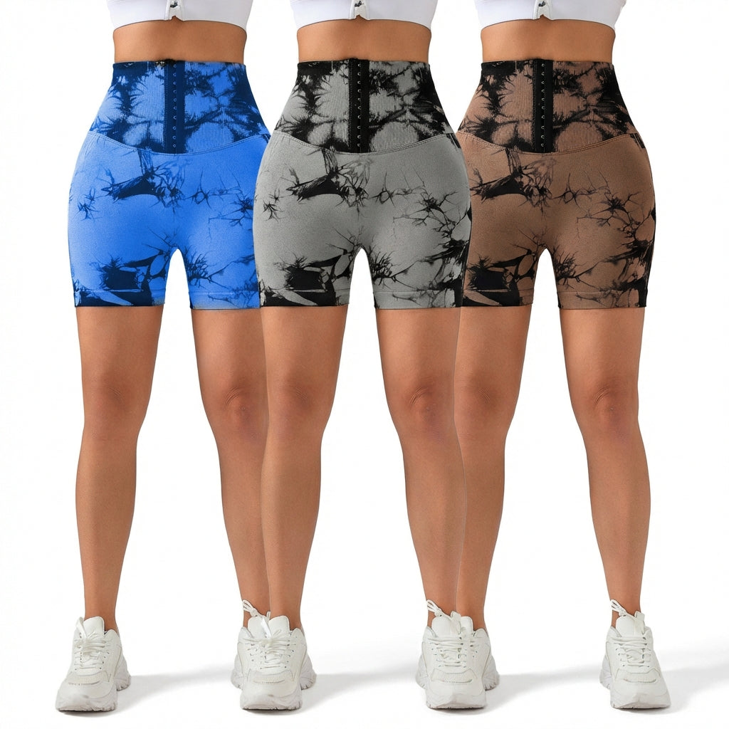 3-Pack Seamless Tie-Dye Scrunch Butt Shorts – High-Waisted Tummy Control Workout Shorts