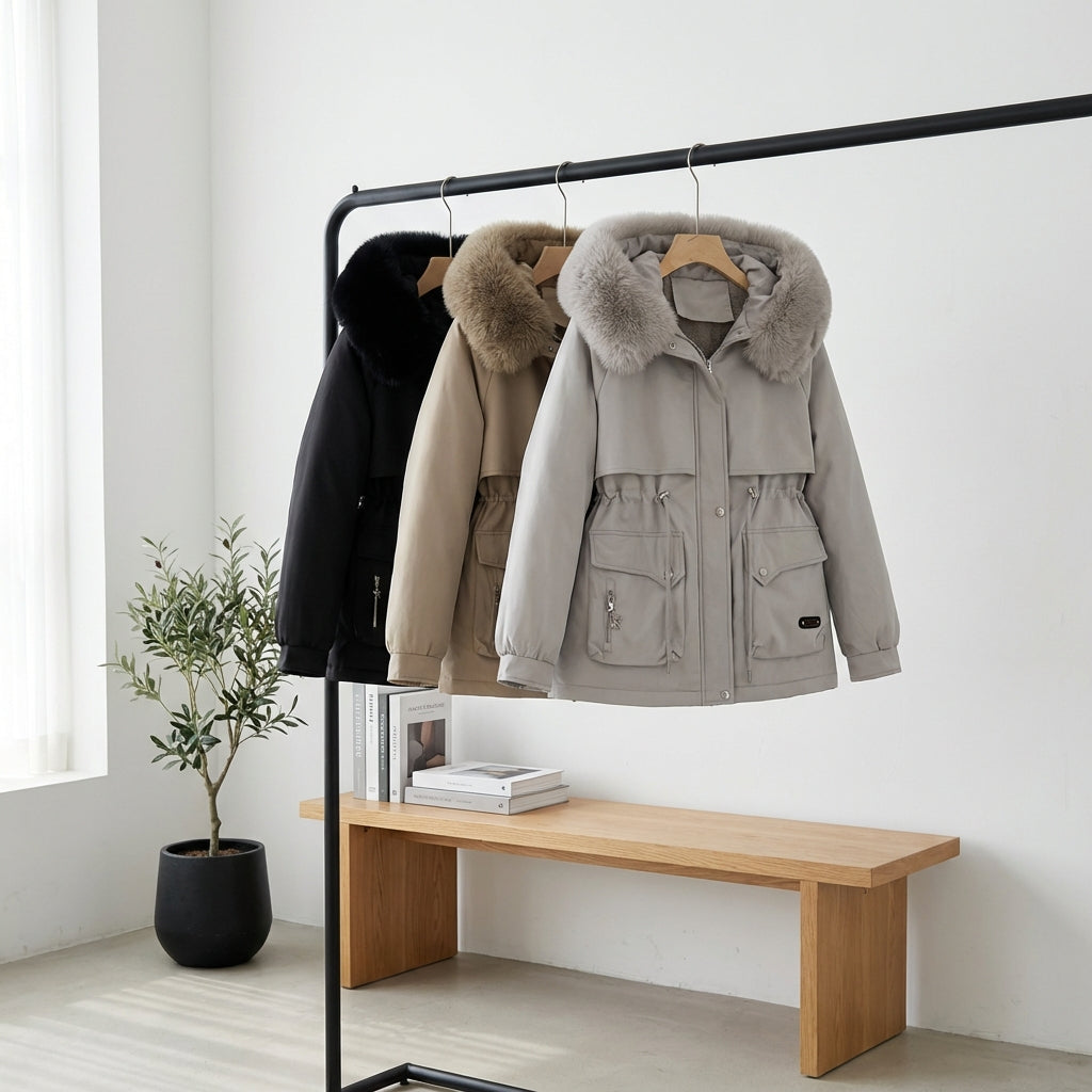 Fur Collar Fashionable All-matching Jacket Hooded Warm Cotton-padded Coat