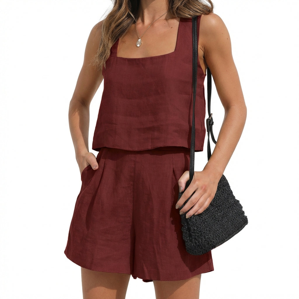 Women's 2-Piece Summer Lounge Set – Square Neck Top & Shorts Outfit