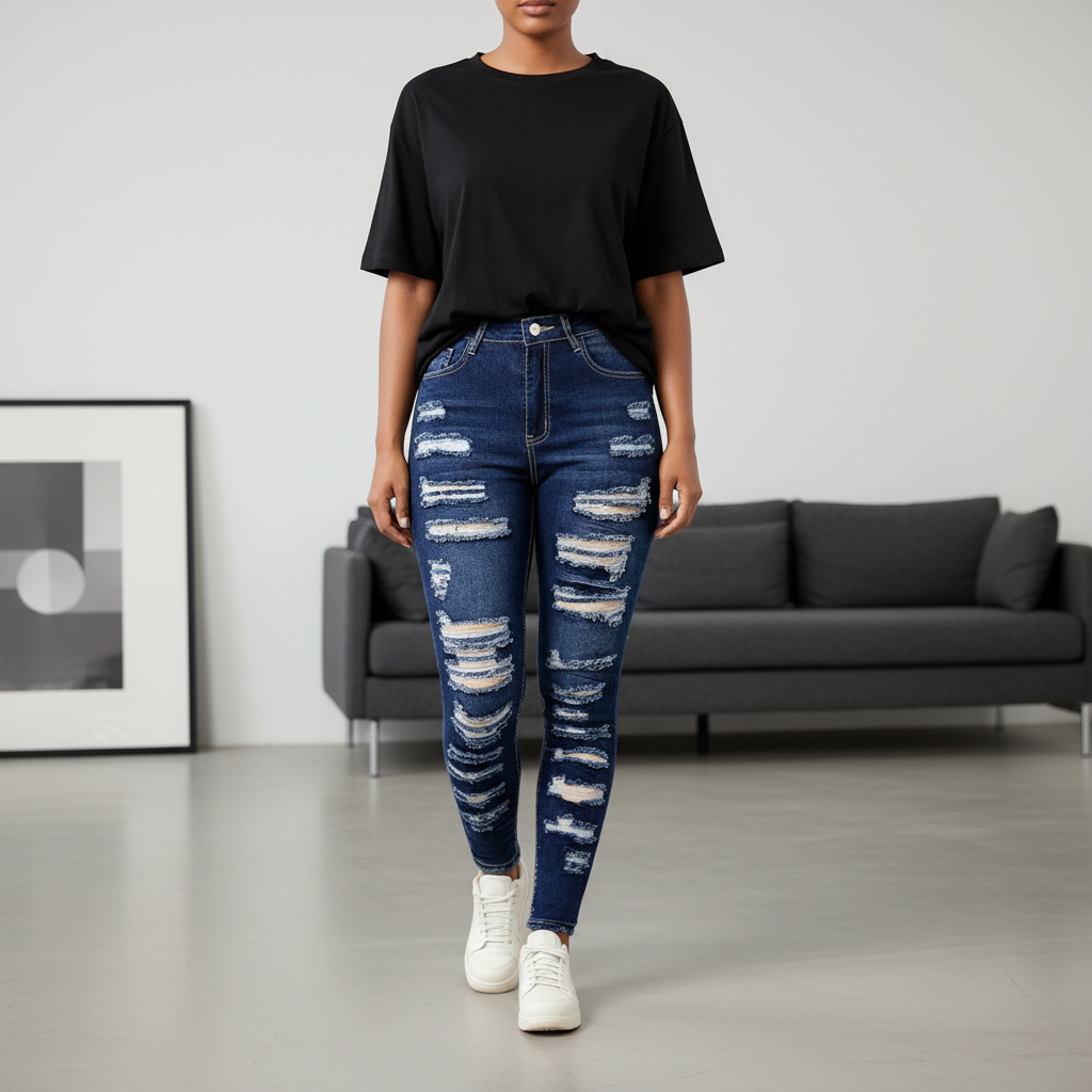 Women's High-Stretch Ripped Cropped Jeans – Slim Fit Street Style Denim
