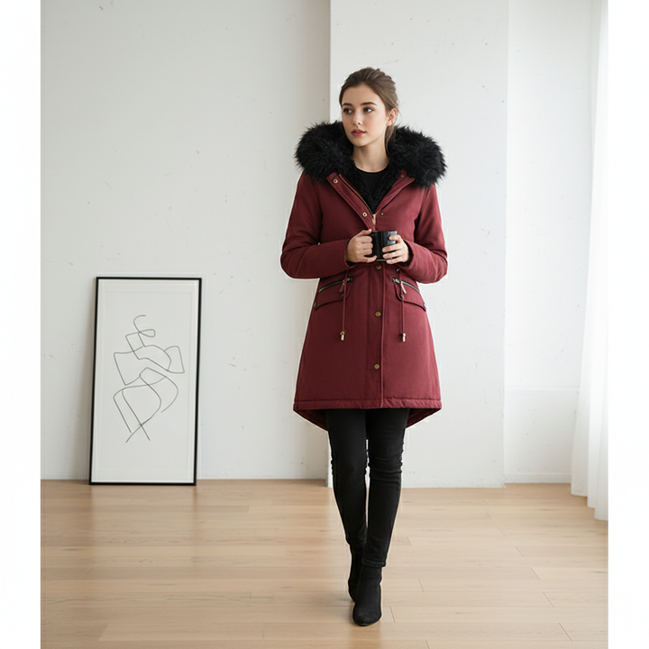 Women's Plush Hooded Parkas Winter Warm Thick  Zip-up Jackets Casual Mid-length Solid Buckle Pockets Coat Outerwear Clothing