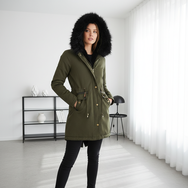 Women's Plush Hooded Parkas Winter Warm Thick  Zip-up Jackets Casual Mid-length Solid Buckle Pockets Coat Outerwear Clothing