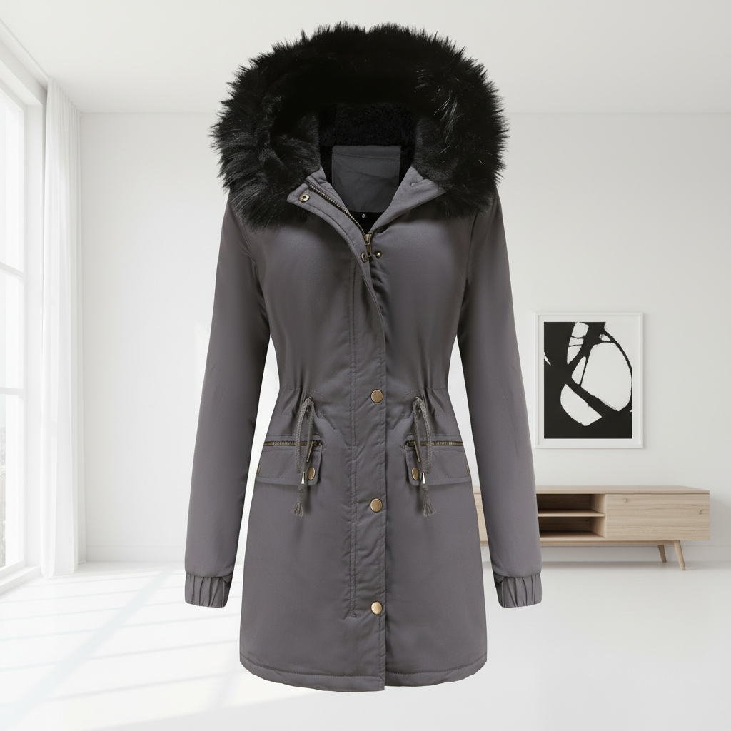 Women's Plush Hooded Parkas Winter Warm Thick  Zip-up Jackets Casual Mid-length Solid Buckle Pockets Coat Outerwear Clothing