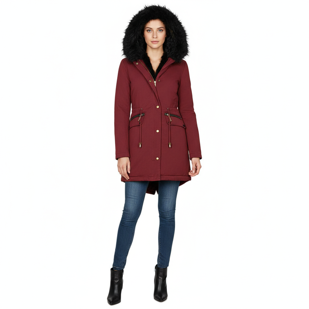 Women's Plush Hooded Parkas Winter Warm Thick  Zip-up Jackets Casual Mid-length Solid Buckle Pockets Coat Outerwear Clothing